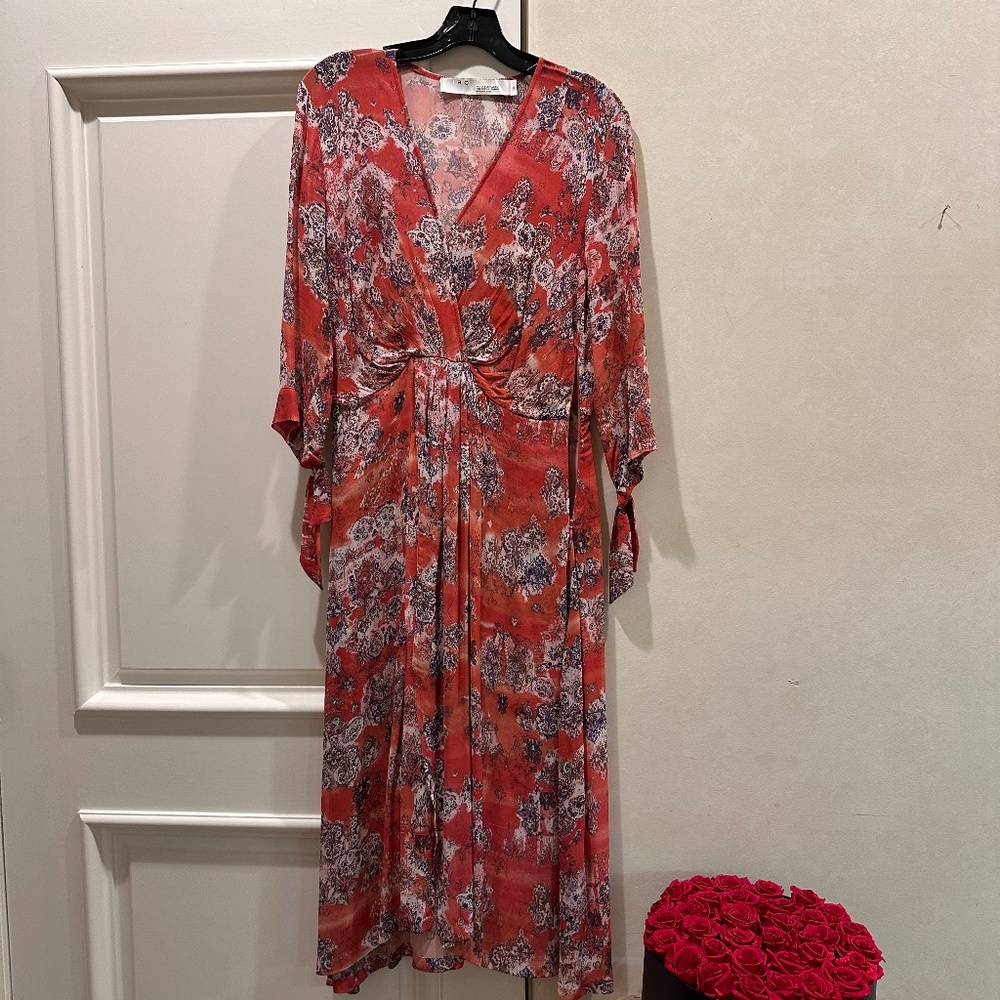 IRO multicolor day party dress with knot sleeves and short skirt under long skir